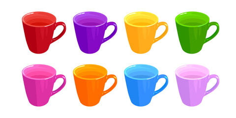 Set of empty cups in different colors isolated on white background. Vector cartoon illustration.