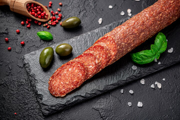 Salami. Dried organic salami sausage or spanish chorizo