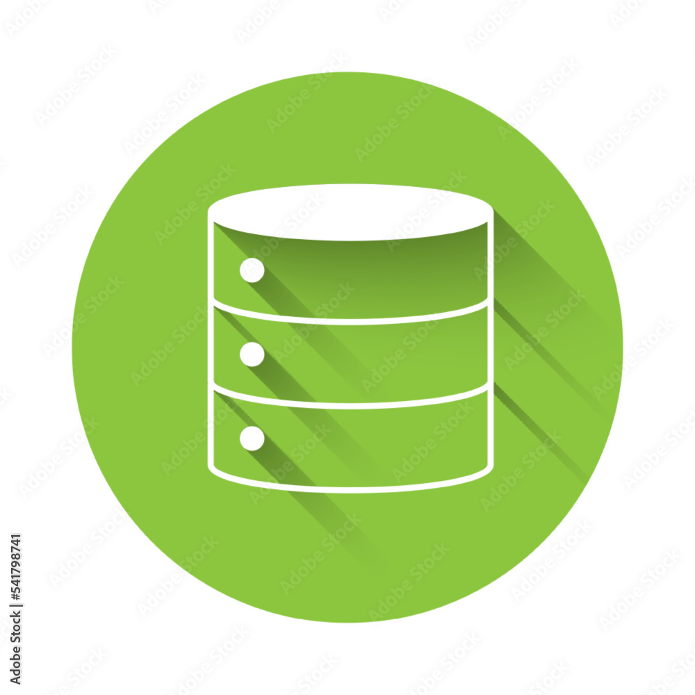 Poster White Server, Data, Web Hosting icon isolated with long shadow background. Green circle button. Vector