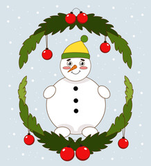 Christmas snowman in pine wreath with decorations. Winter winter character in cartoon style for postcards, greeting cards, New Year template for your designs.