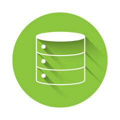 White Server, Data, Web Hosting icon isolated with long shadow background. Green circle button. Vector