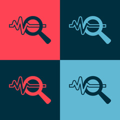 Pop art Magnifying glass and data analysis icon isolated on color background. Search sign. Vector