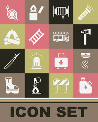 Set Canister fuel, Smoke alarm system, Firefighter axe, hose reel, escape, Campfire, and truck icon. Vector