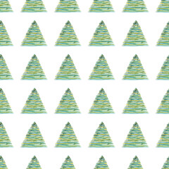 Green watercolor tree pattern. Summer flora background. Beautiful plant illustration. Sketch texture hand drawing art. Fir woods aquarelle card. Design pine elements. Isolated background