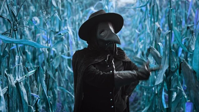 Plague doctor gothic woman dancing in blue thickets. Creepy raven mask, halloween, historical terrible protection costume, meme dance concept