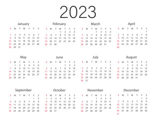 Calendar 2023 year. Vector illustration. The week starts on Sunday. Vector illustration.