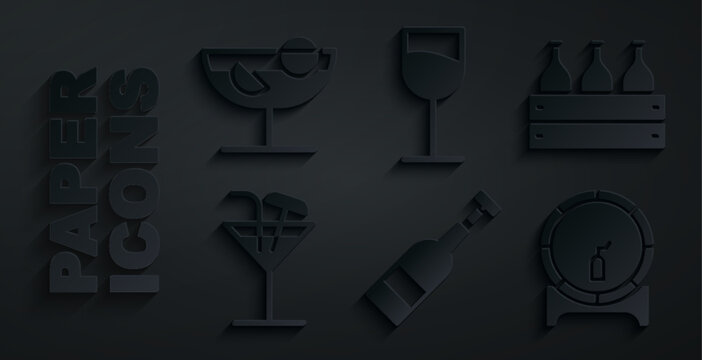 Set Opened bottle of wine, Bottles a wooden box, Cocktail, Wooden barrel on rack, Wine glass and icon. Vector