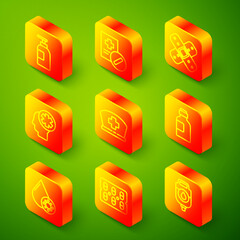 Set line Hand sanitizer bottle, Medical prescription, Crossed bandage plaster, Male head with hospital, Nurse hat cross, Bottle of medicine syrup, Blood test virus and Pills blister pack icon. Vector