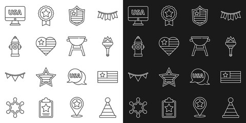 Set line Party hat, American flag, Torch flame, Shield with stars, USA Independence day, Fire hydrant, on monitor and Barbecue grill icon. Vector