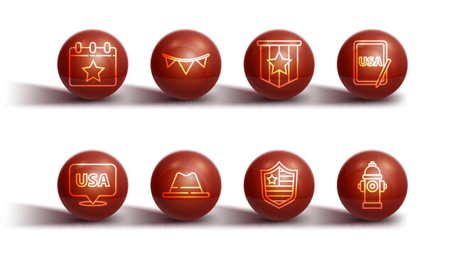 Set line Calendar with date July 4, USA Independence day, on graphic tablet, Shield stars, Man hat ribbon, Carnival garland flags, Fire hydrant and American icon. Vector