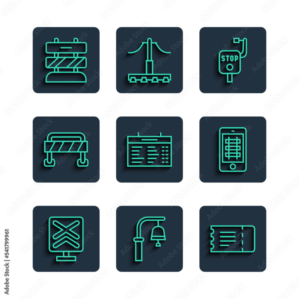 Sticker Set line Railroad crossing, Train station bell, ticket, Emergency brake, board, Road barrier, End of railway tracks and Buy train online icon. Vector