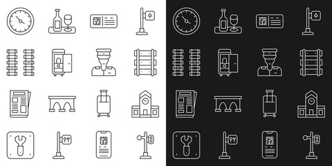 Set line Train traffic light, Railway station, Railway, railroad track, QR code ticket train, Toilet the car, clock and conductor icon. Vector