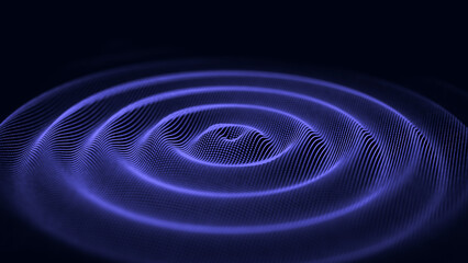 Digital vibration and sound wave. Circle blue pulse wave with points on the dark background. 3D rendering.