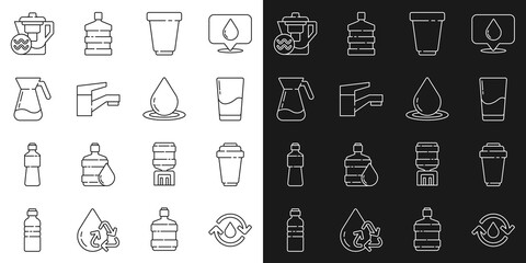 Set line Recycle clean aqua, Water filter cartridge, Glass with water, tap, Jug glass, jug and drop icon. Vector