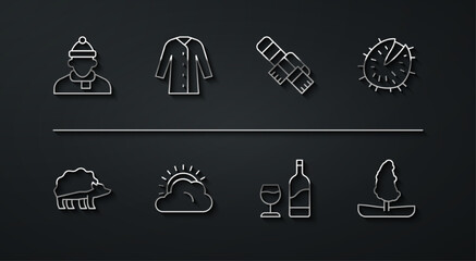 Set line Autumn clothes, Hedgehog, Chestnut, Wine bottle with glass, Sun and cloud weather, Raincoat, Tree and Winter scarf icon. Vector