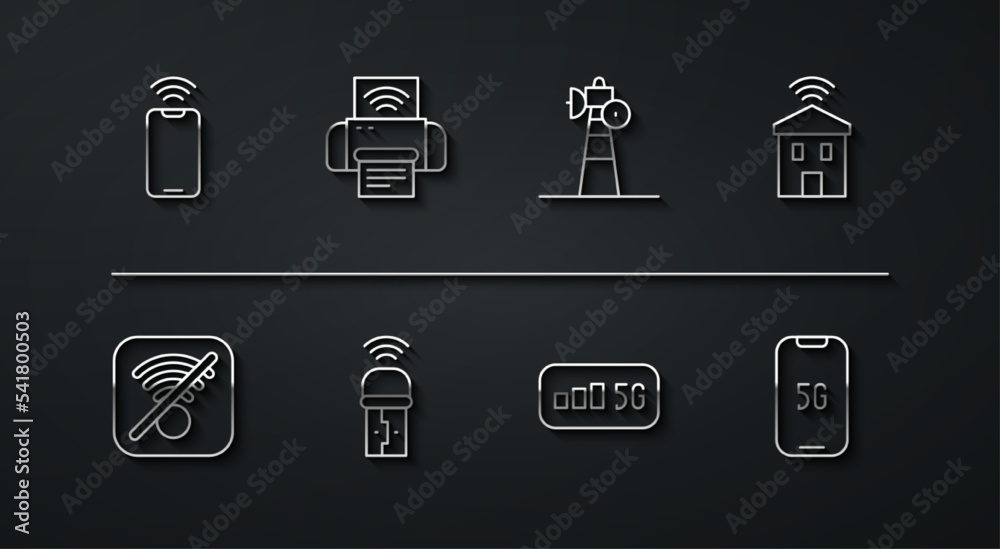 Poster Set line Mobile with wi-fi wireless, No Wi-Fi internet, Smart home, 5G, Usb adapter, printer system, and Satellite dish icon. Vector