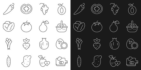 Set line Cutting board with vegetables, Coconut, Basket and food, Grape fruit, Tomato, Cabbage, Hot chili pepper and Pear icon. Vector