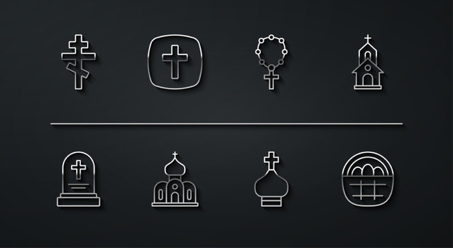 Set line Christian cross, Grave with tombstone, Church building, church tower, Basket easter eggs and Rosary beads religion icon. Vector