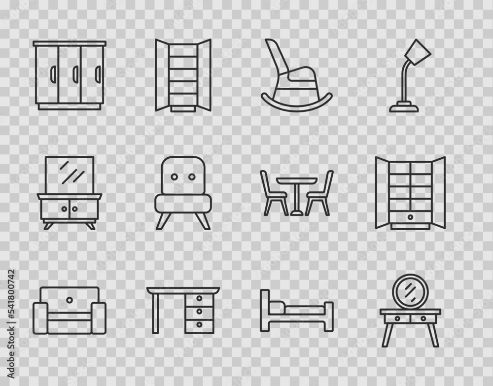 Sticker Set line Armchair, Dressing table, Rocking, Office desk, Wardrobe, Bed and icon. Vector