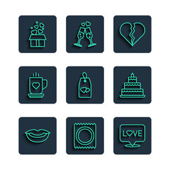 Set line Smiling lips, Condom package, Love text, Broken heart or divorce, Please not disturb with, Coffee cup and, Gift box hearts and Wedding cake icon. Vector