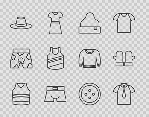 Set line Undershirt, Shirt, Beanie hat, Men underpants, Man, Sewing button for clothes and Christmas mittens icon. Vector