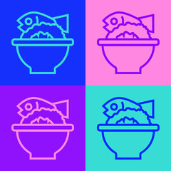 Pop art line Served fish on a bowl icon isolated on color background. Vector