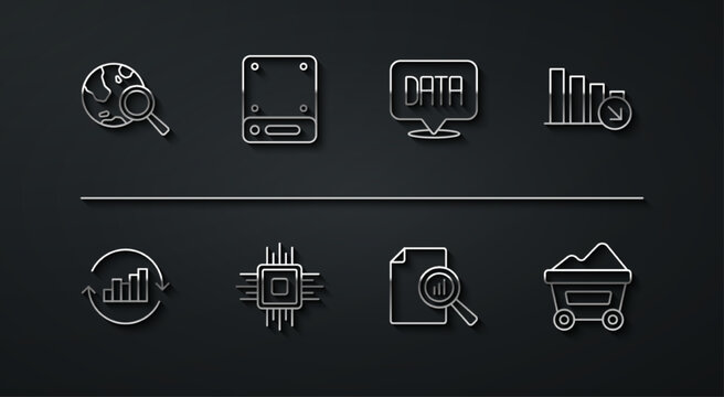 Set line Search globe, Pie chart infographic, Financial growth decrease, Document with, Processor CPU, Server, Coal mine trolley and Data analysis icon. Vector