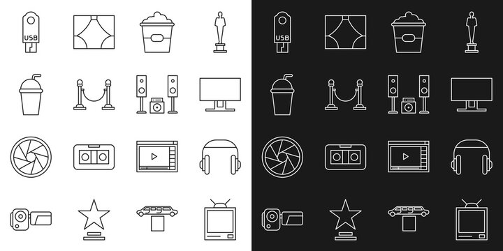 Set line Retro tv, Headphones, Smart Tv, Popcorn in box, Rope barrier, Paper glass with straw, USB flash drive and Home stereo two speakers icon. Vector