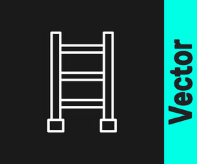 White line Fire escape icon isolated on black background. Pompier ladder. Fireman scaling ladder with a pole. Vector