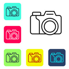 Black line Photo camera icon isolated on white background. Foto camera. Digital photography. Set icons in color square buttons. Vector