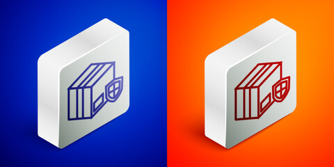 Isometric line Delivery security with shield icon isolated on blue and orange background. Delivery insurance. Insured cardboard boxes beyond the shield. Silver square button. Vector