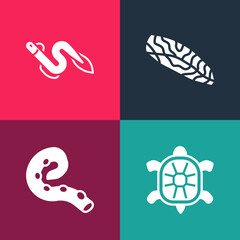 Set pop art Turtle, Octopus of tentacle, Fish steak and Eel fish icon. Vector