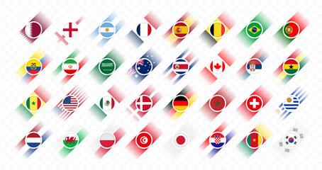 Flags of all countries participating in the final part of the football competition. Icon set. Football 2022. Soccer Cup infographic. Icons isolated on transparent background. Vector illustration
