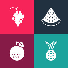 Set pop art Pineapple, Orange fruit, Watermelon and Grape icon. Vector