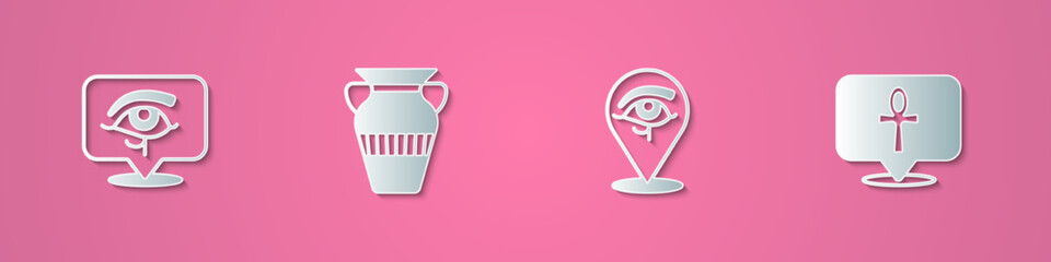 Set paper cut Eye of Horus, Egyptian vase, and Cross ankh icon. Paper art style. Vector