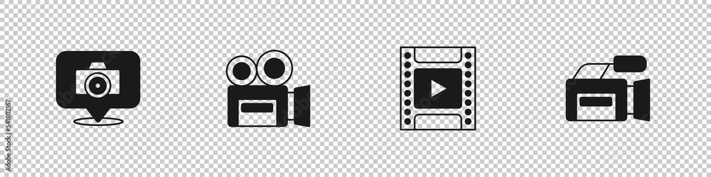 Poster Set Photo camera, Retro cinema, Camera film roll cartridge and Cinema icon. Vector