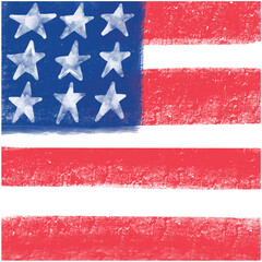 Flag of USA children artistic drawing with pastel paint. Red blue stars background template for American holidays. Veterans day, Labor day, 4th of July.