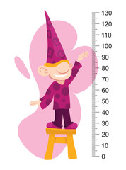 Height measure with growth ruler chart with cute cartoon gnome animal. Funny kids meter, wall scale from 0 to 130 centimeter to measure growth. Children room wall sticker as interior decor