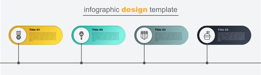 Set line Cake, Shield with stars, Torch flame and Medal. Business infographic template. Vector