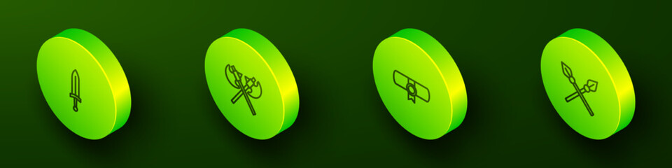 Set Isometric line Medieval sword, Crossed medieval axes, Decree, parchment, scroll and spears icon. Vector