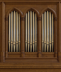 Church organ pipes through a wood panel