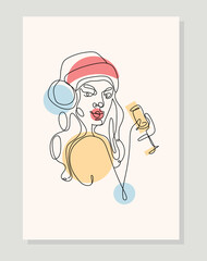 Modern abstract line minimalistic women face arts set with Champagne. New year postcard or brochure cover design. Merry Christmas and happy new year concept. Vector illustration concept
