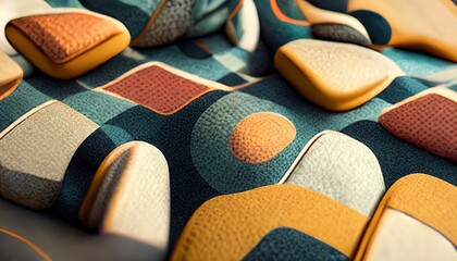 AI-generated image of a patterned carpet with small knit pillows around it
