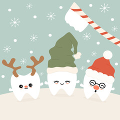 Cute cartoon vector illustration with christmas funny teeth with holiday elements