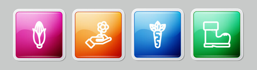 Set line Corn, Hand holding flower, Carrot and Waterproof rubber boot. Colorful square button. Vector