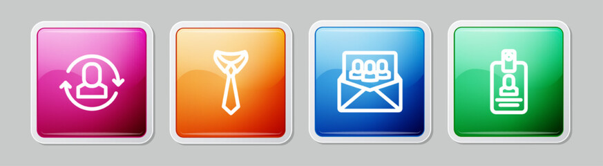 Set line Exchange work, Tie, Project team base and Identification badge. Colorful square button. Vector