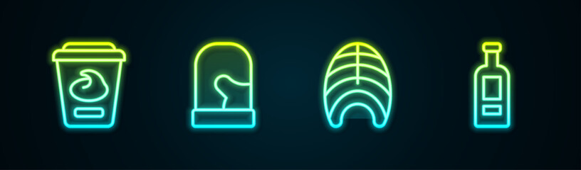 Set line Yogurt container, Christmas mittens, Fish steak and Bottle of vodka. Glowing neon icon. Vector