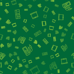 Set line Electric light switch, Ampere meter, multimeter and Laptop on seamless pattern. Vector