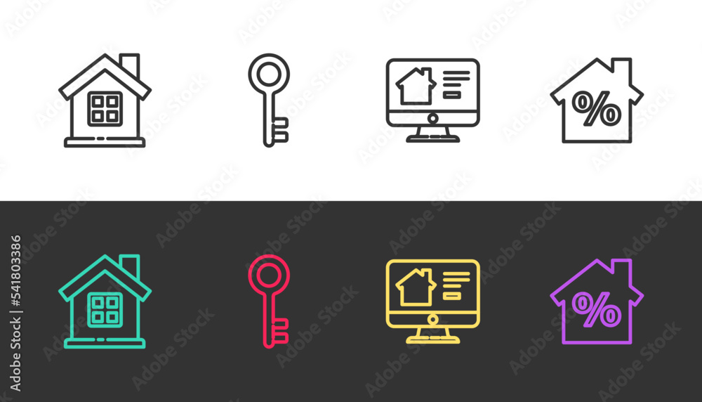 Sticker set line house, key, online real estate house and with percant discount on black and white. vector