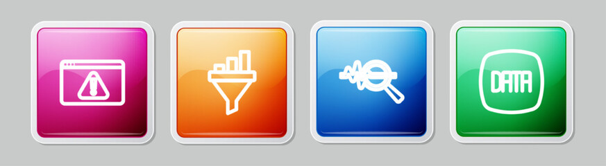 Obraz premium Set line Browser with exclamation mark, Sales funnel chart, Search data analysis and Data. Colorful square button. Vector